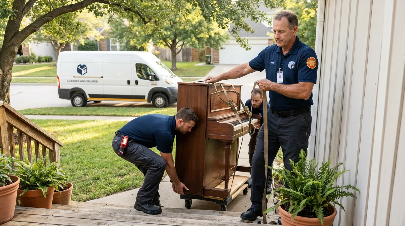 Licensed piano movers securing grand piano in Key Biscayne, FL
