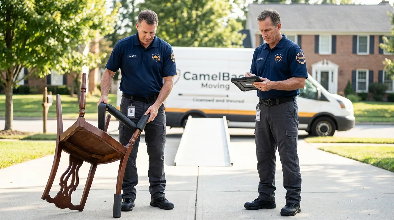 Movers inspecting furniture for damage prevention before loading in Key Biscayne, FL